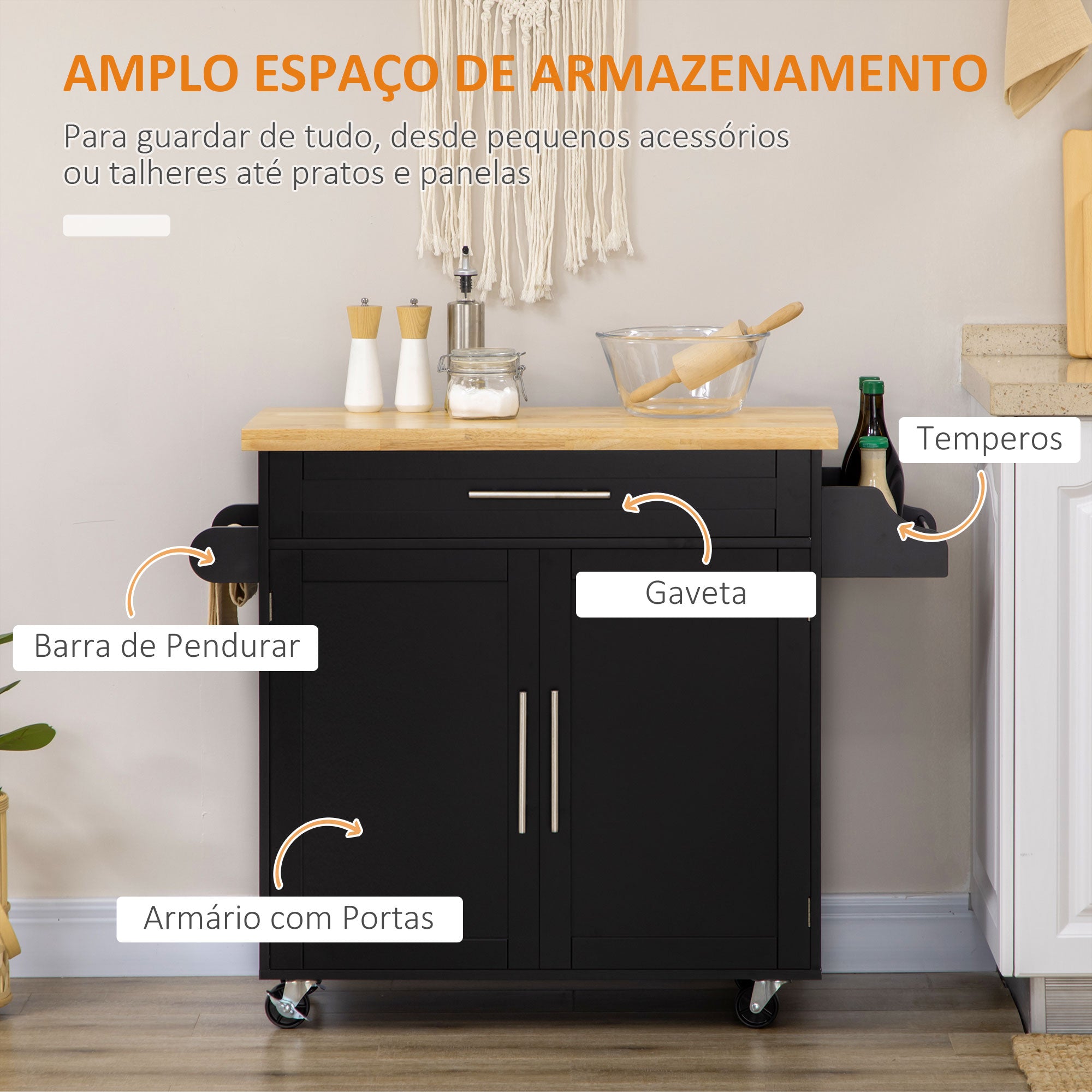 Carrinho de Cozinha 109x40x89cm - Preto