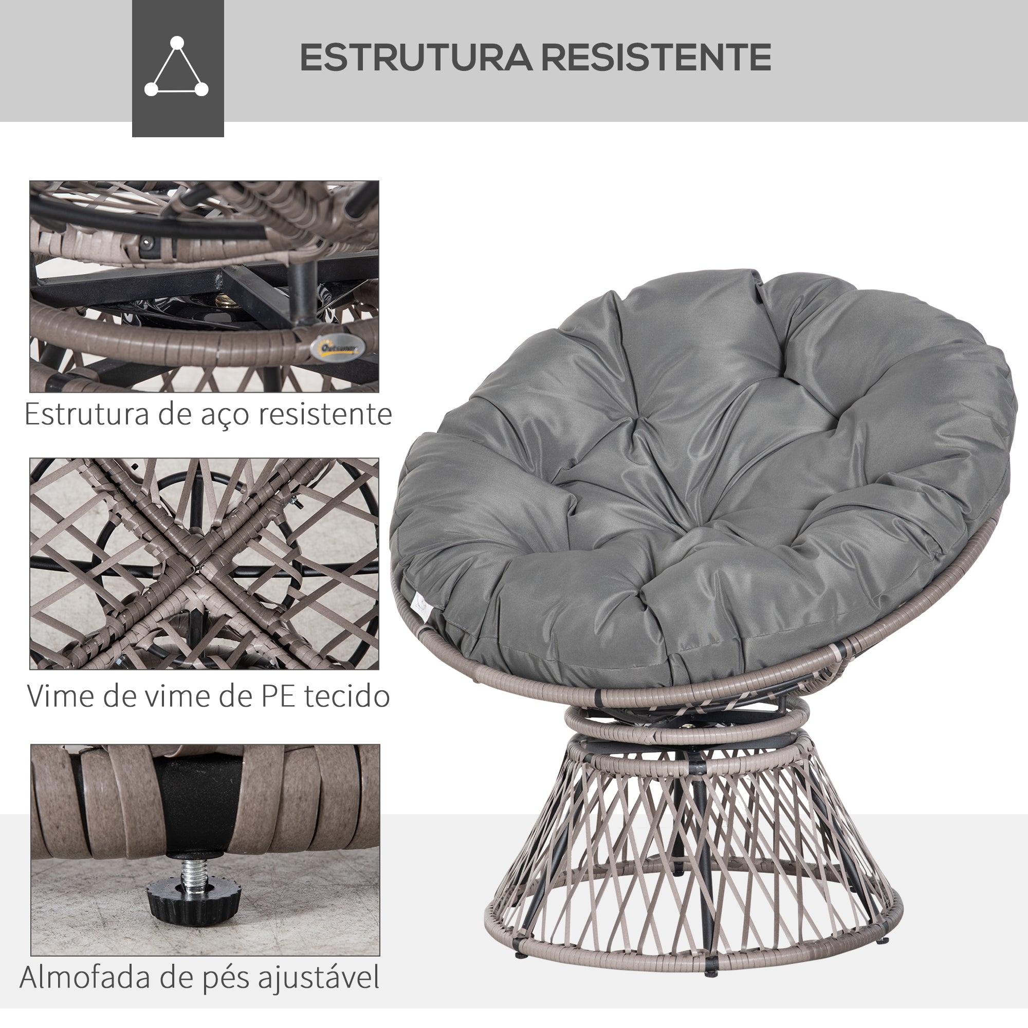 Poltrona Papasan Giratória de Vime Sintético Cinza 87x97x90 cm