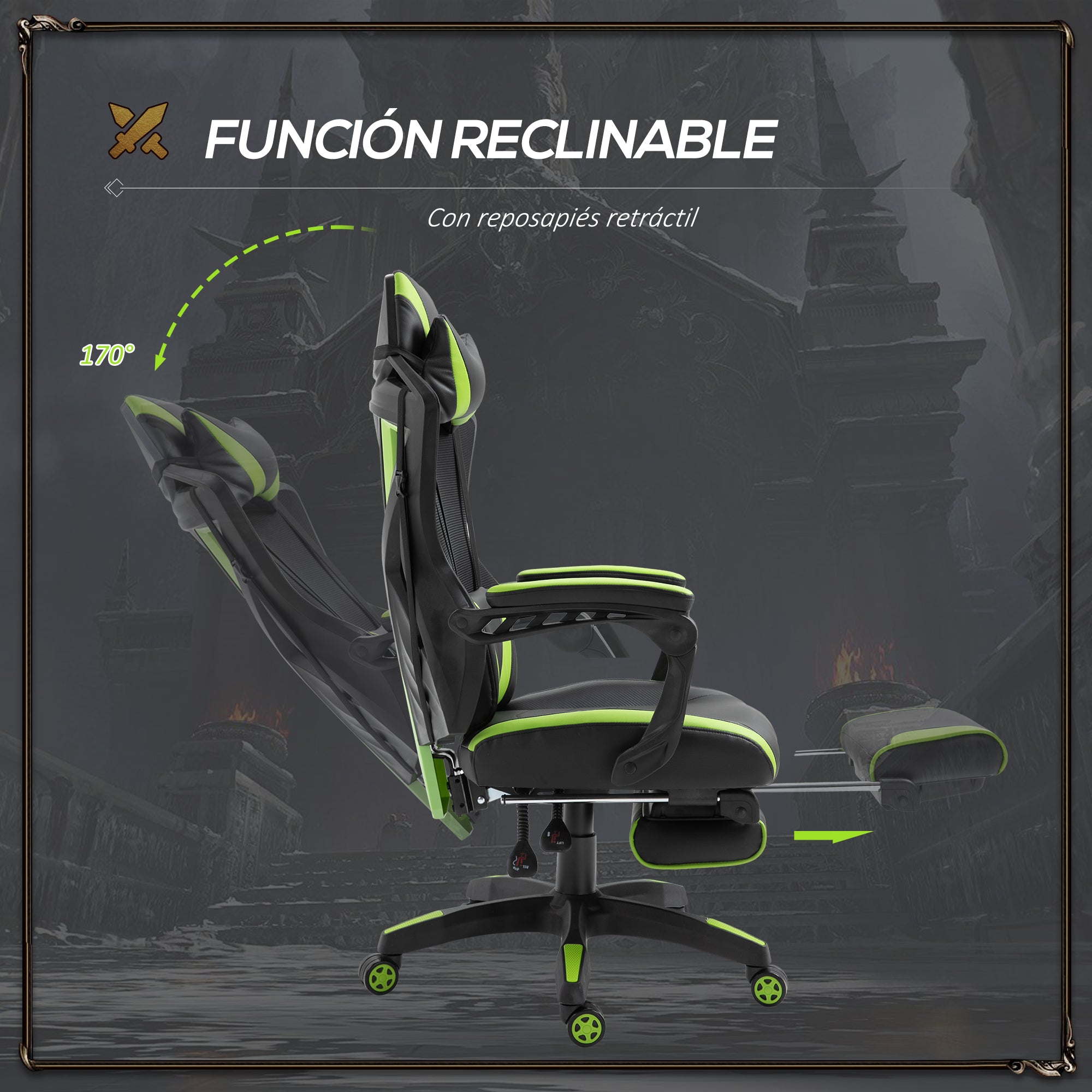 Cadeira Ergonómica Gaming com Encosto Ajustável 65x70x117-125cm Verde