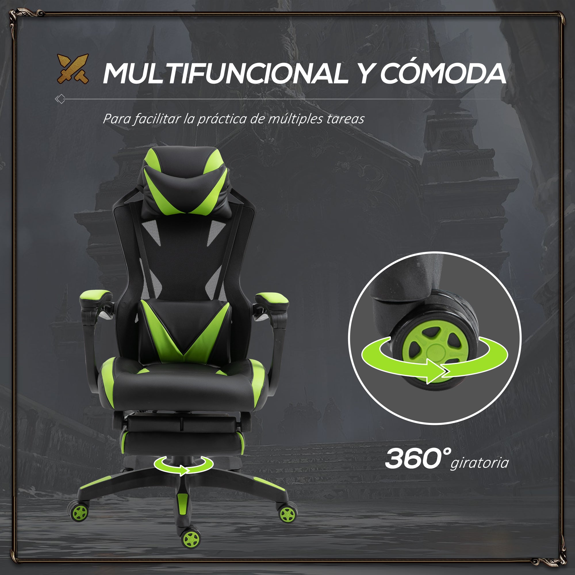 Cadeira Ergonómica Gaming com Encosto Ajustável 65x70x117-125cm Verde