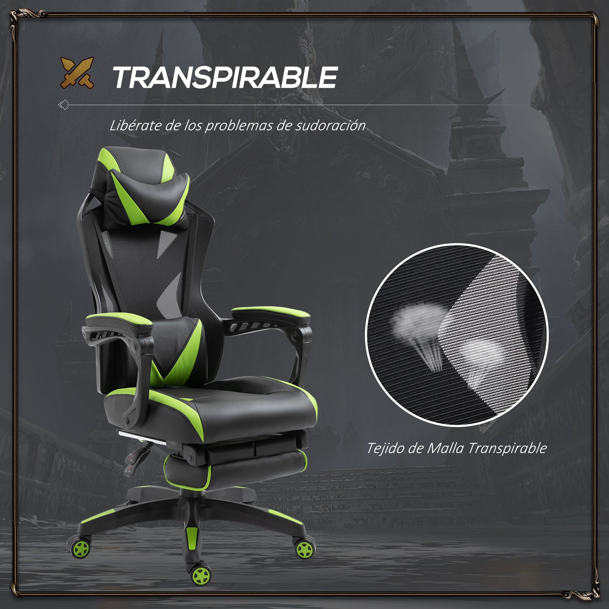 Cadeira Ergonómica Gaming com Encosto Ajustável 65x70x117-125cm Verde