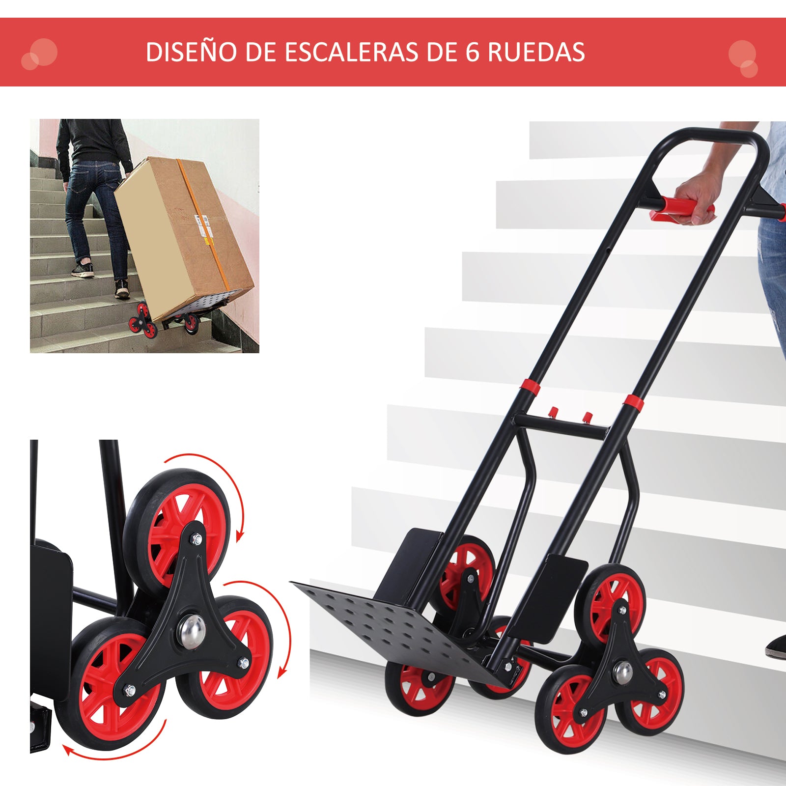 Carrinho de Mão de Escada Dobrável com Rodas – 44x38x106,5 cm – Cor Preto – Aço