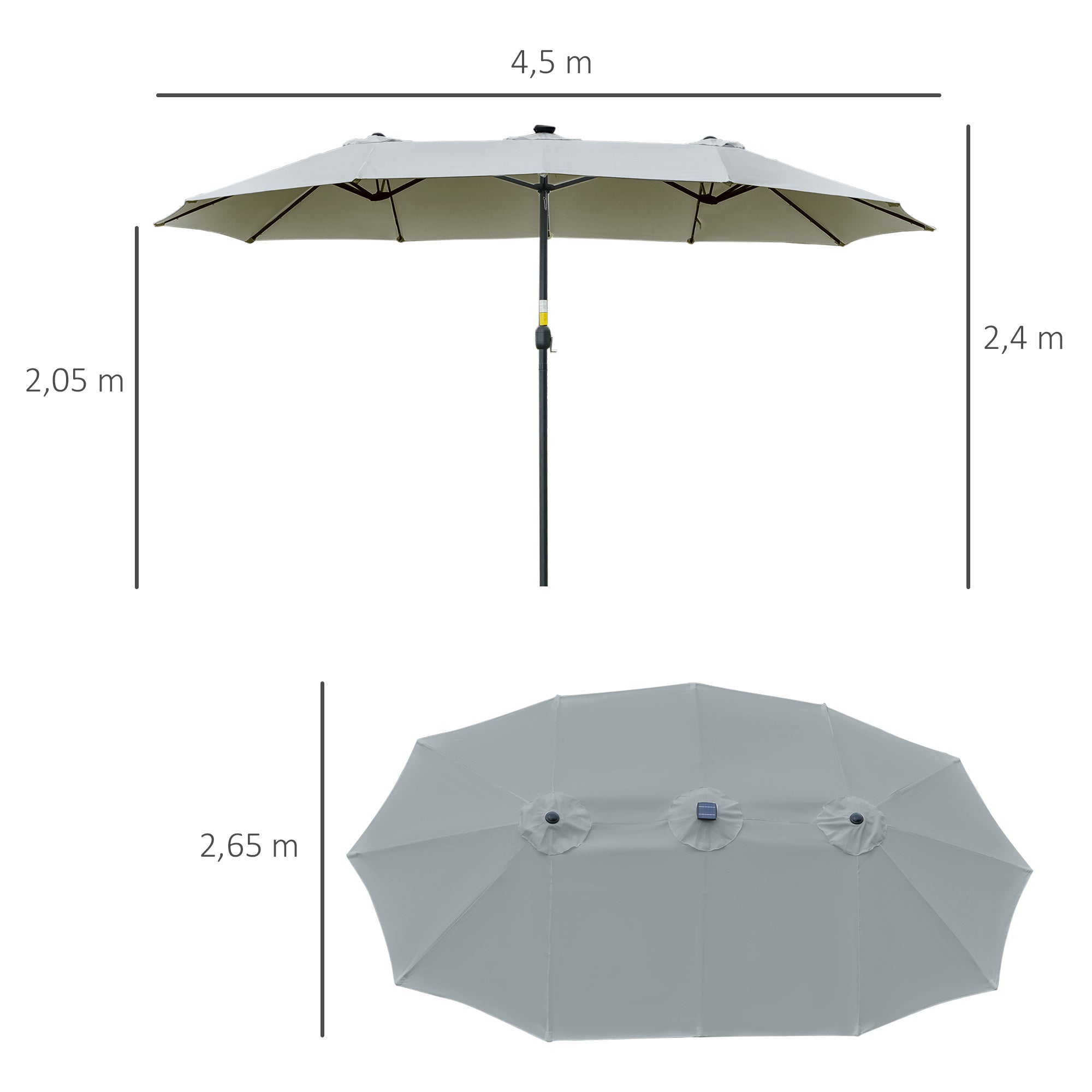 Chapéu de Sol Duplo de Jardim Cinza Claro 450x265x240 cm com 48 Luzes LED Solar