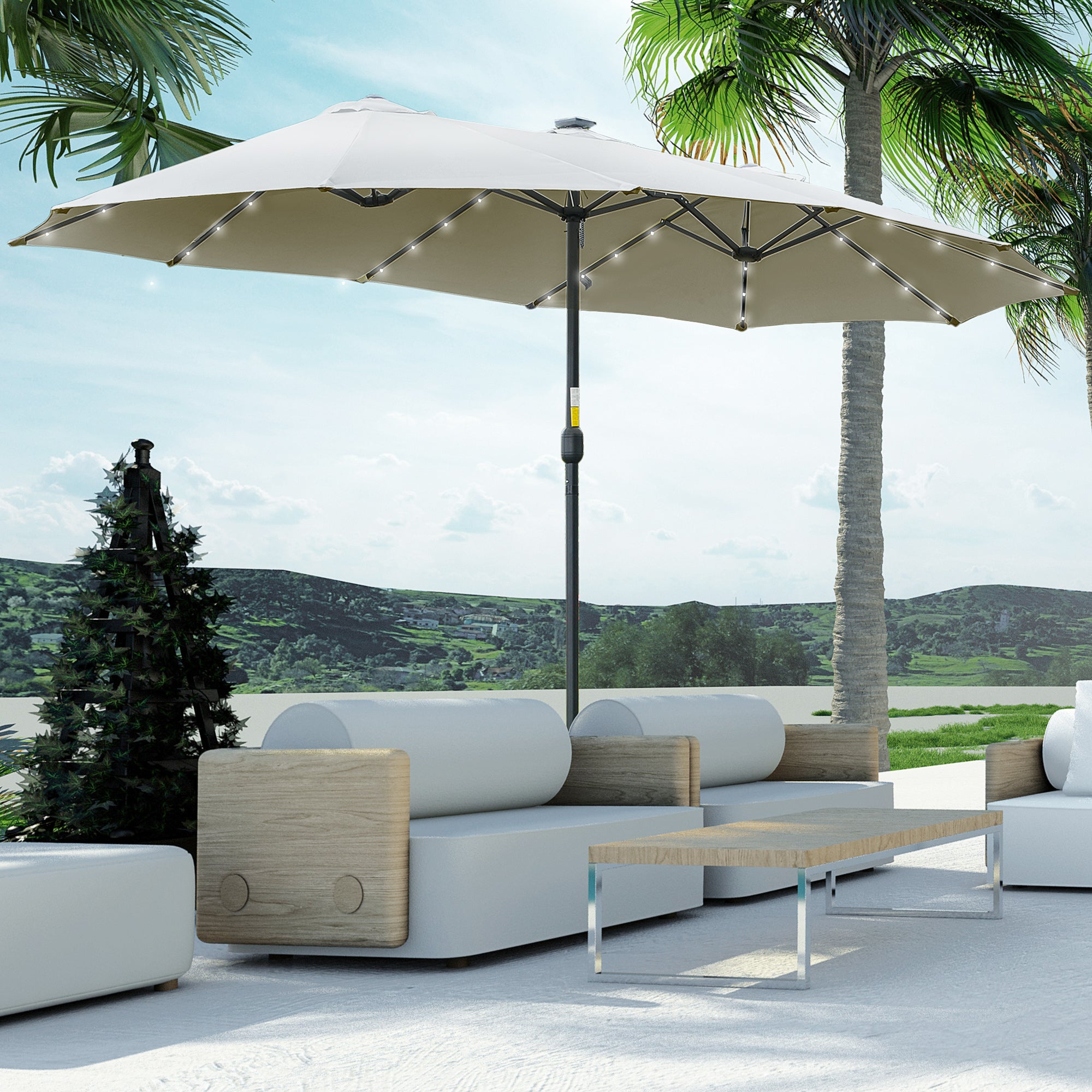 Chapéu de Sol Duplo de Jardim Cinza Claro 450x265x240 cm com 48 Luzes LED Solar