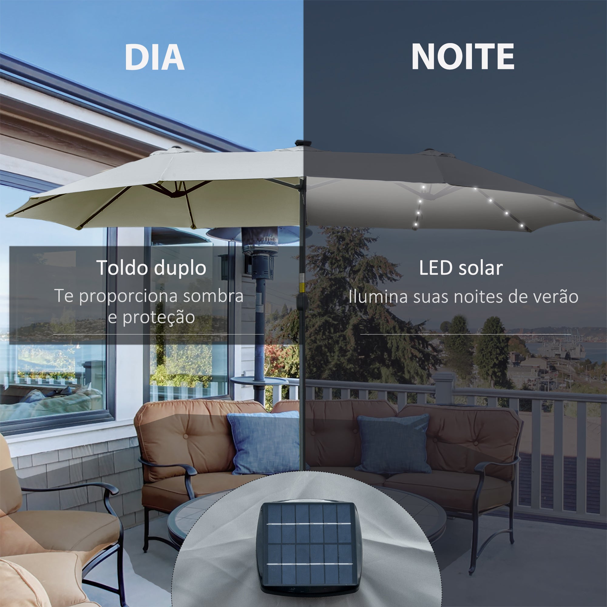 Chapéu de Sol Duplo de Jardim Cinza Claro 450x265x240 cm com 48 Luzes LED Solar