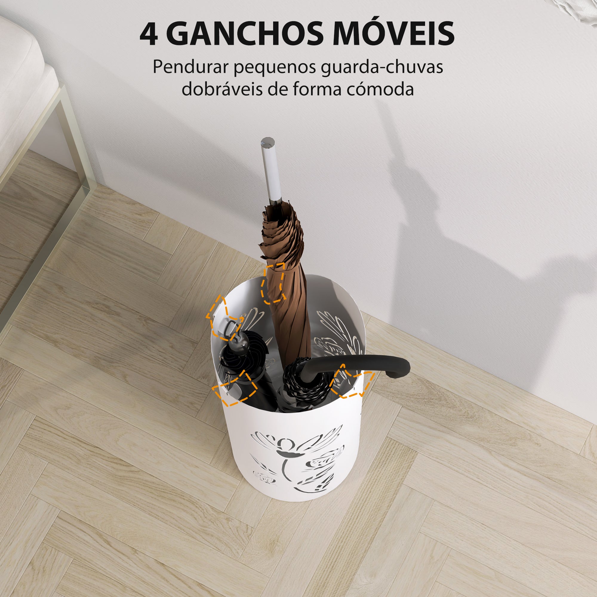 Suporte para Guarda-Chuva Branco 17x17x41 cm com Bandeja Amovível e 4 Ganchos