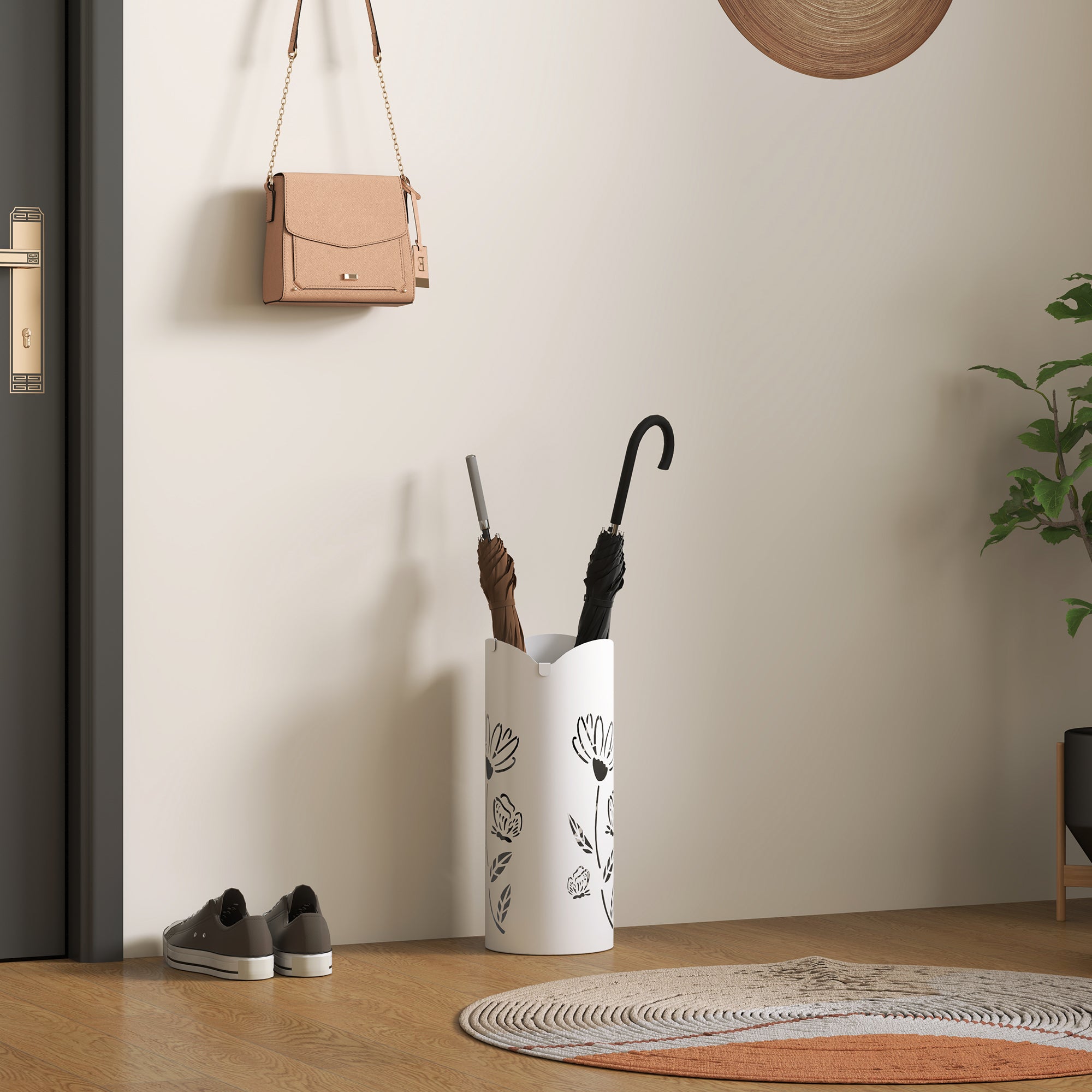 Suporte para Guarda-Chuva Branco 17x17x41 cm com Bandeja Amovível e 4 Ganchos