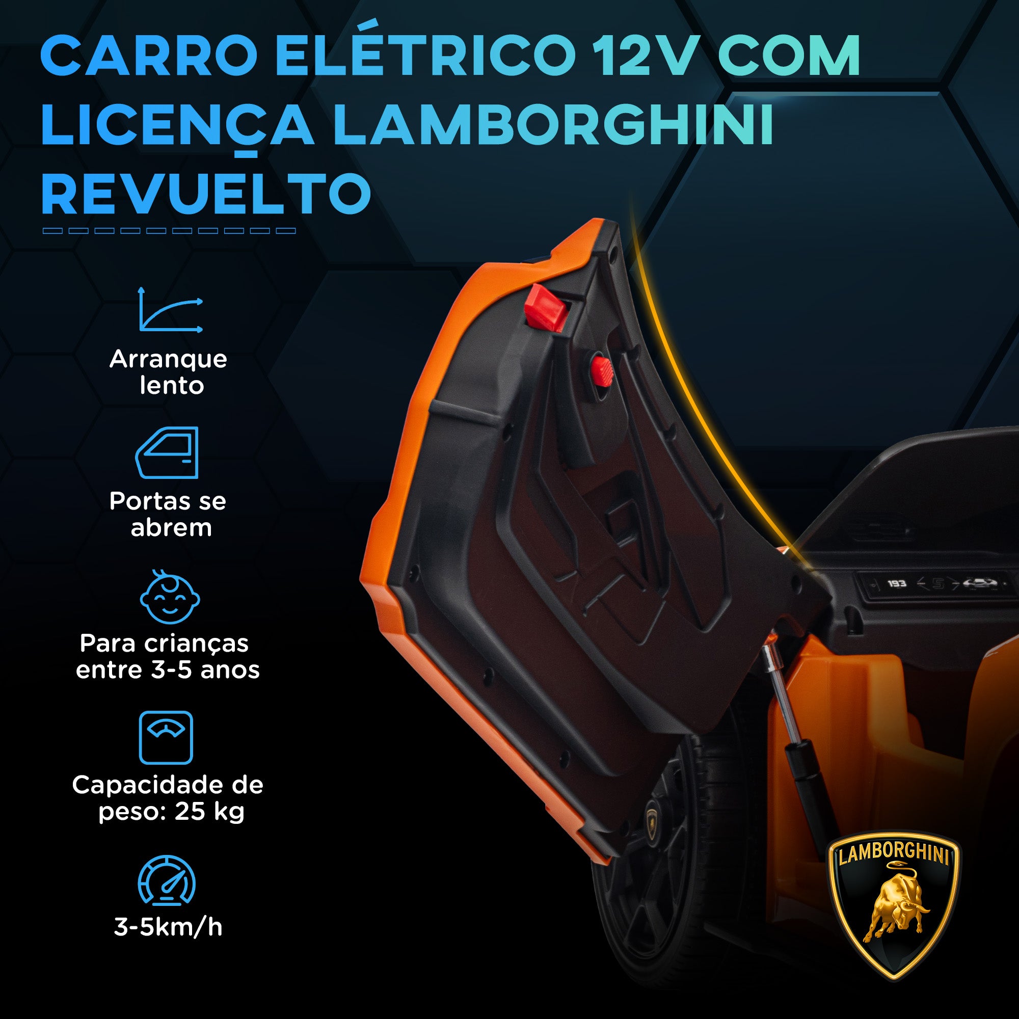 Carro Elétrico Infantil – 105x60x40 cm – Laranja – Plástico e aço
