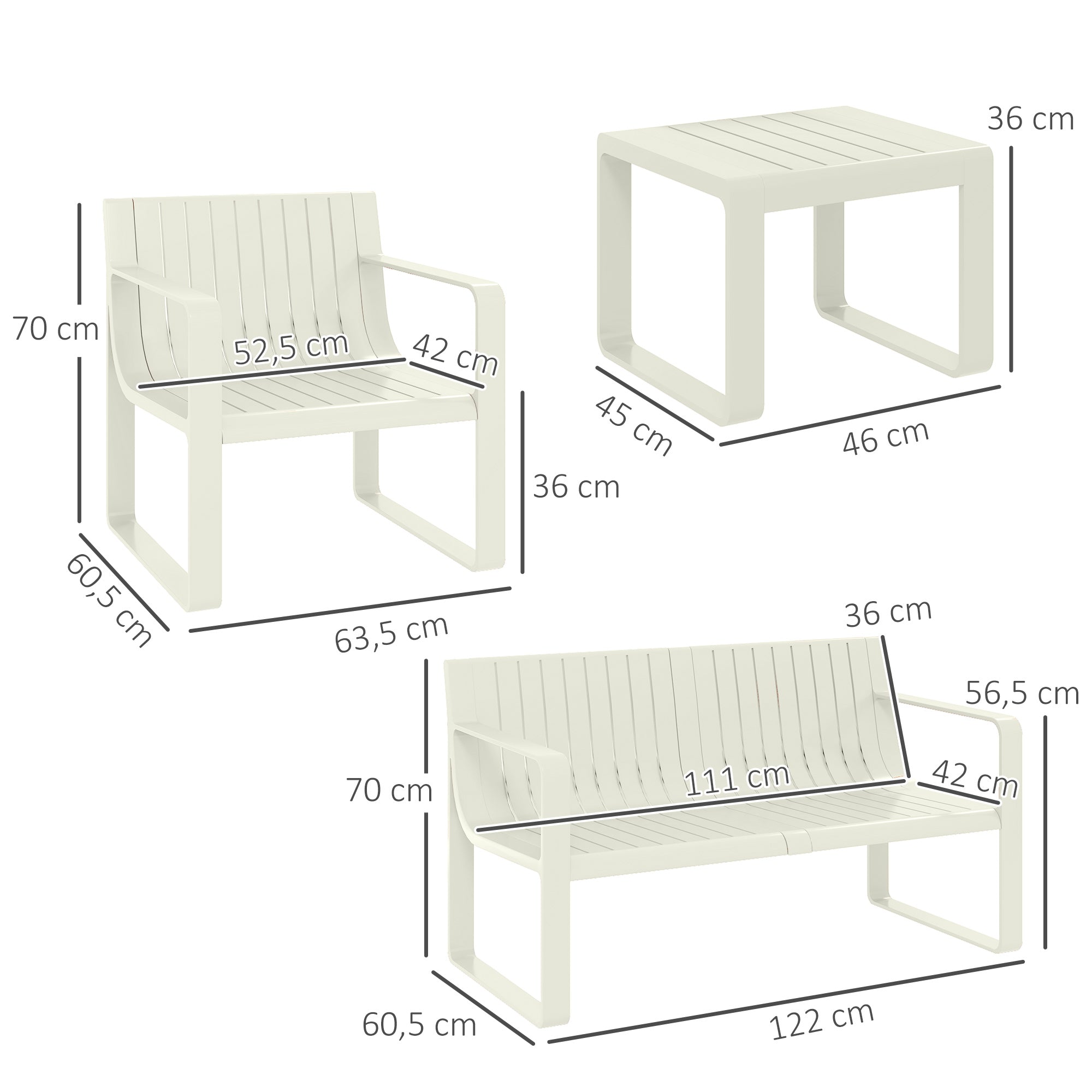 Conjunto de Jardim 5 Peças Branco 122x60,5x70 cm