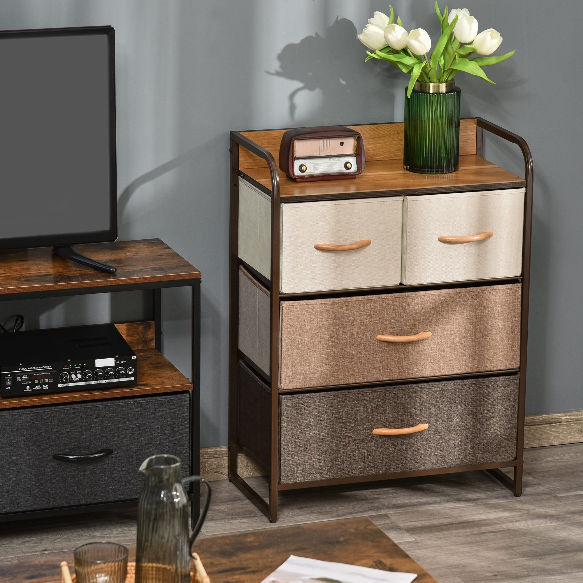 Cómoda de Tecido com 4 Cestos Removíveis – 58x29x78,5 cm – Creme, Café e Marrom – Linho, Metal e MDF