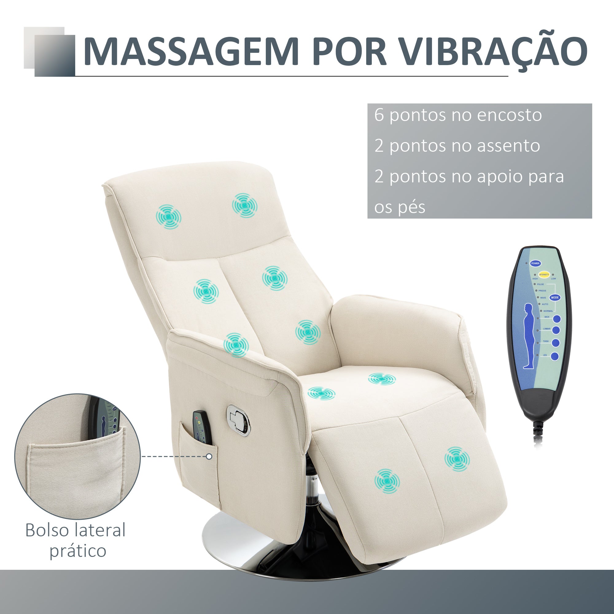 Poltrona de Massagem Elétrica Creme Branco 68.5x84x110 cm