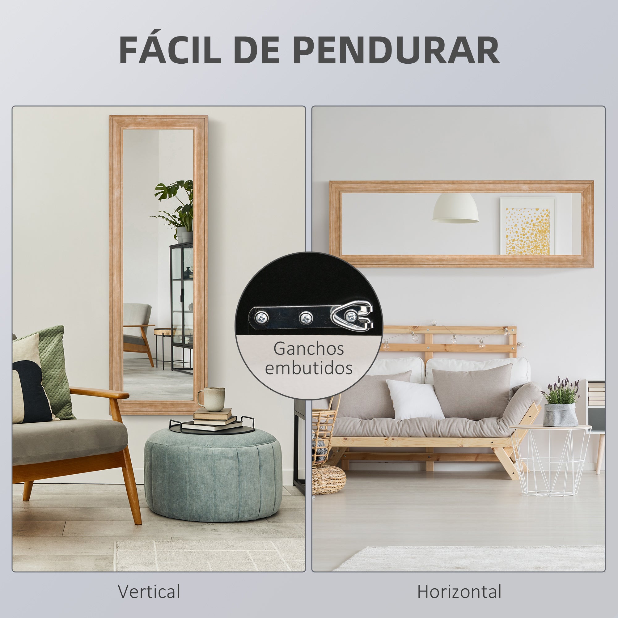 Espelho de Parede – 163x53,3 cm – Cor de Madeira Natural – Madeira de pinho
