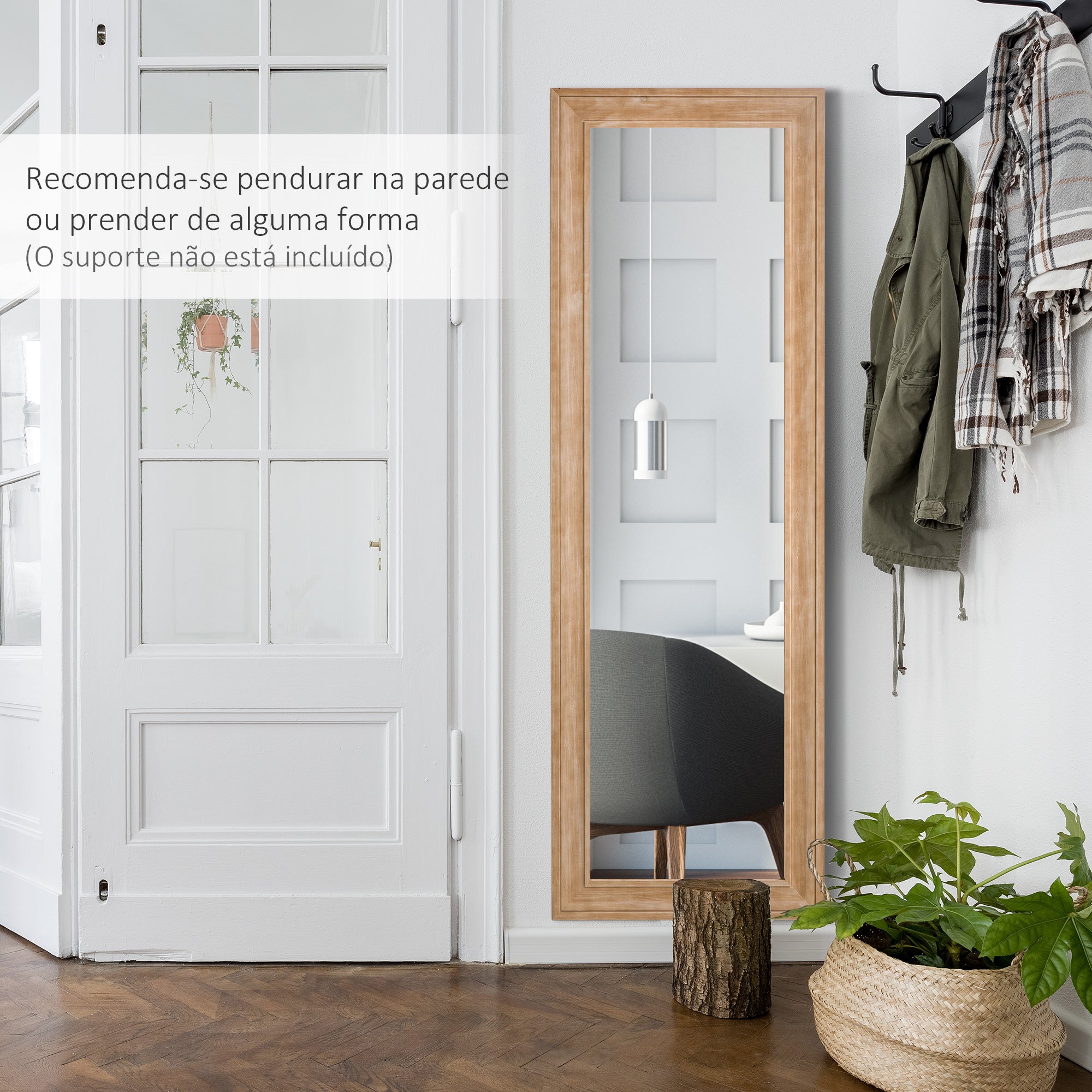 Espelho de Parede – 163x53,3 cm – Cor de Madeira Natural – Madeira de pinho