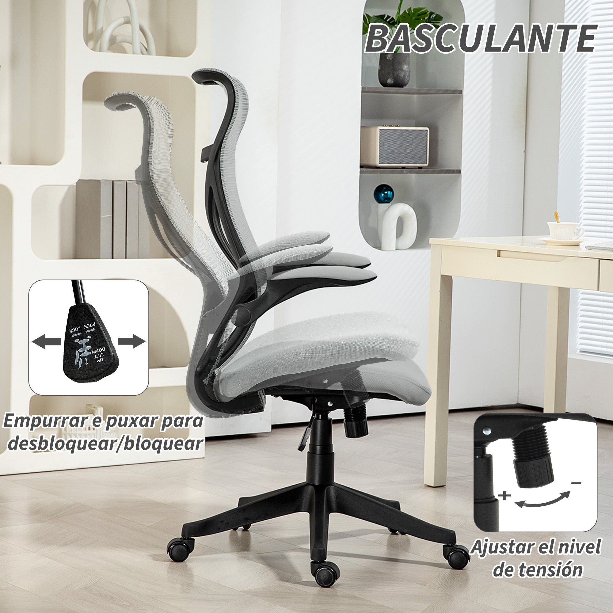Cadeira de Escritório – 66x66x113-121 cm – Cinza Claro – Malha (100% poliéster)