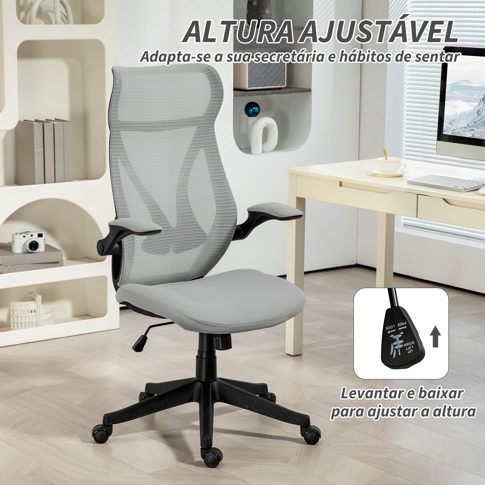 Cadeira de Escritório – 66x66x113-121 cm – Cinza Claro – Malha (100% poliéster)