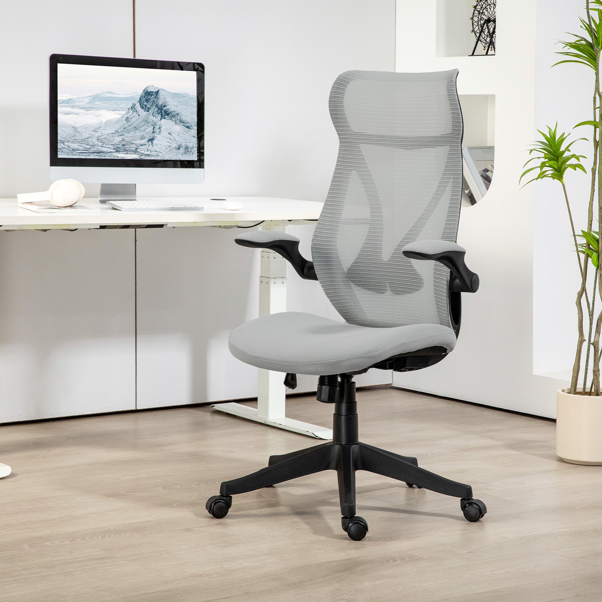 Cadeira de Escritório – 66x66x113-121 cm – Cinza Claro – Malha (100% poliéster)