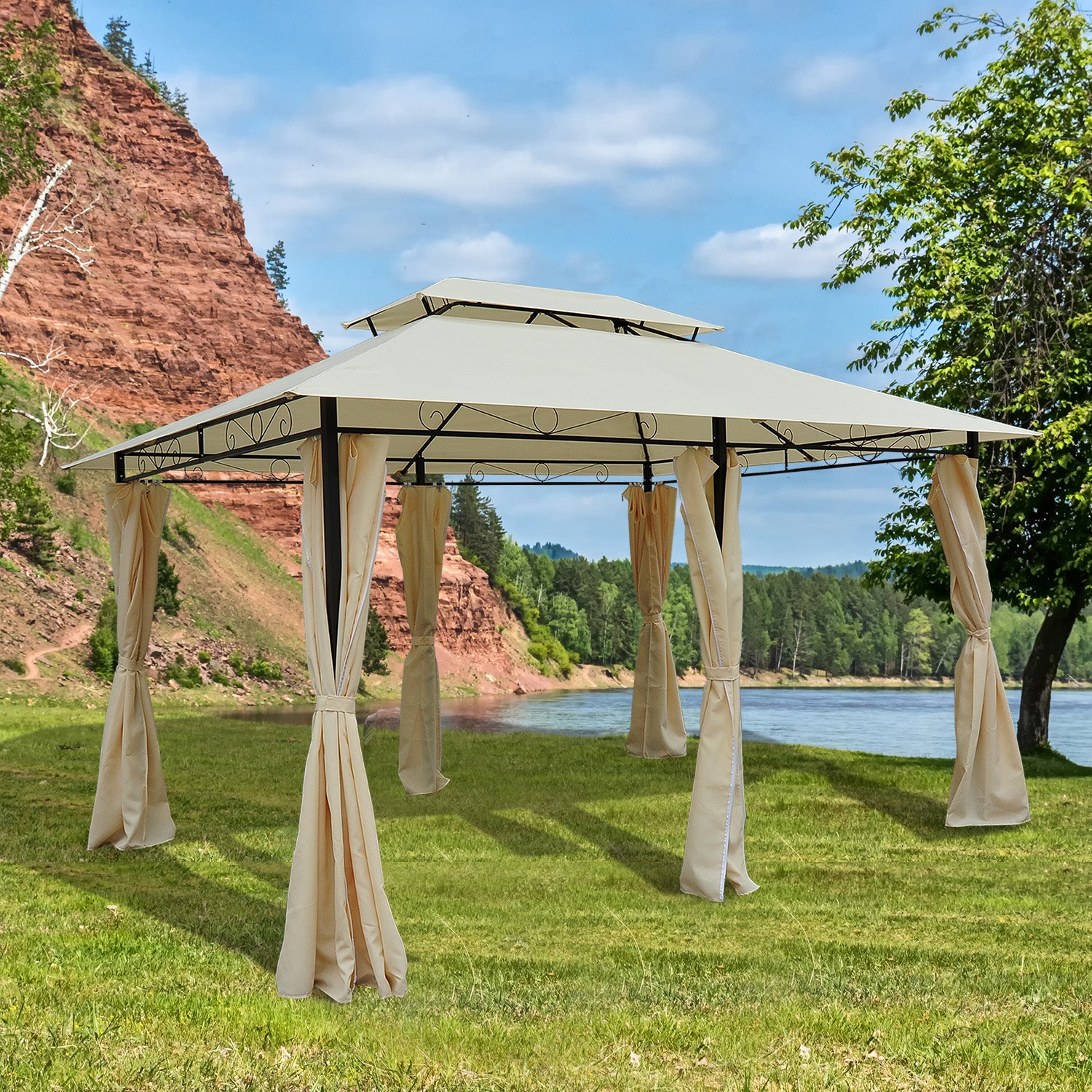 Pérgola de Jardim 300x400x280 cm Creme Branco Estrutura Aço Teto Duplo Cortinas 8 Orifícios de Drenagem