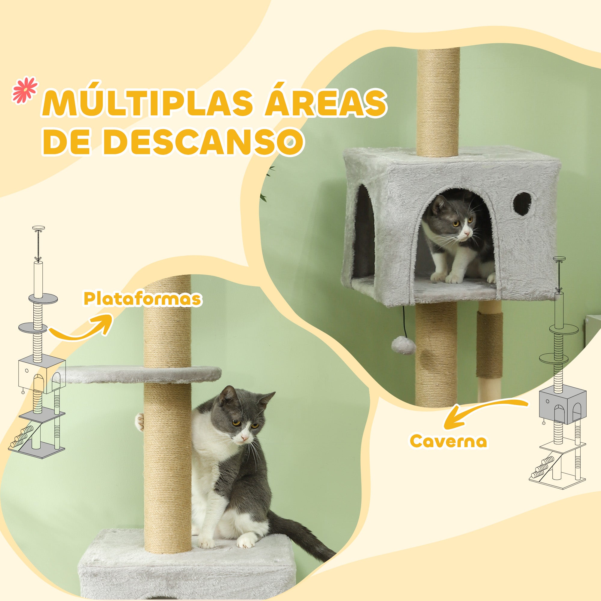 Arranhador para Gatos – 48x40x225-265 cm – Cinza Claro – Aglomerado, pelúcia e juta