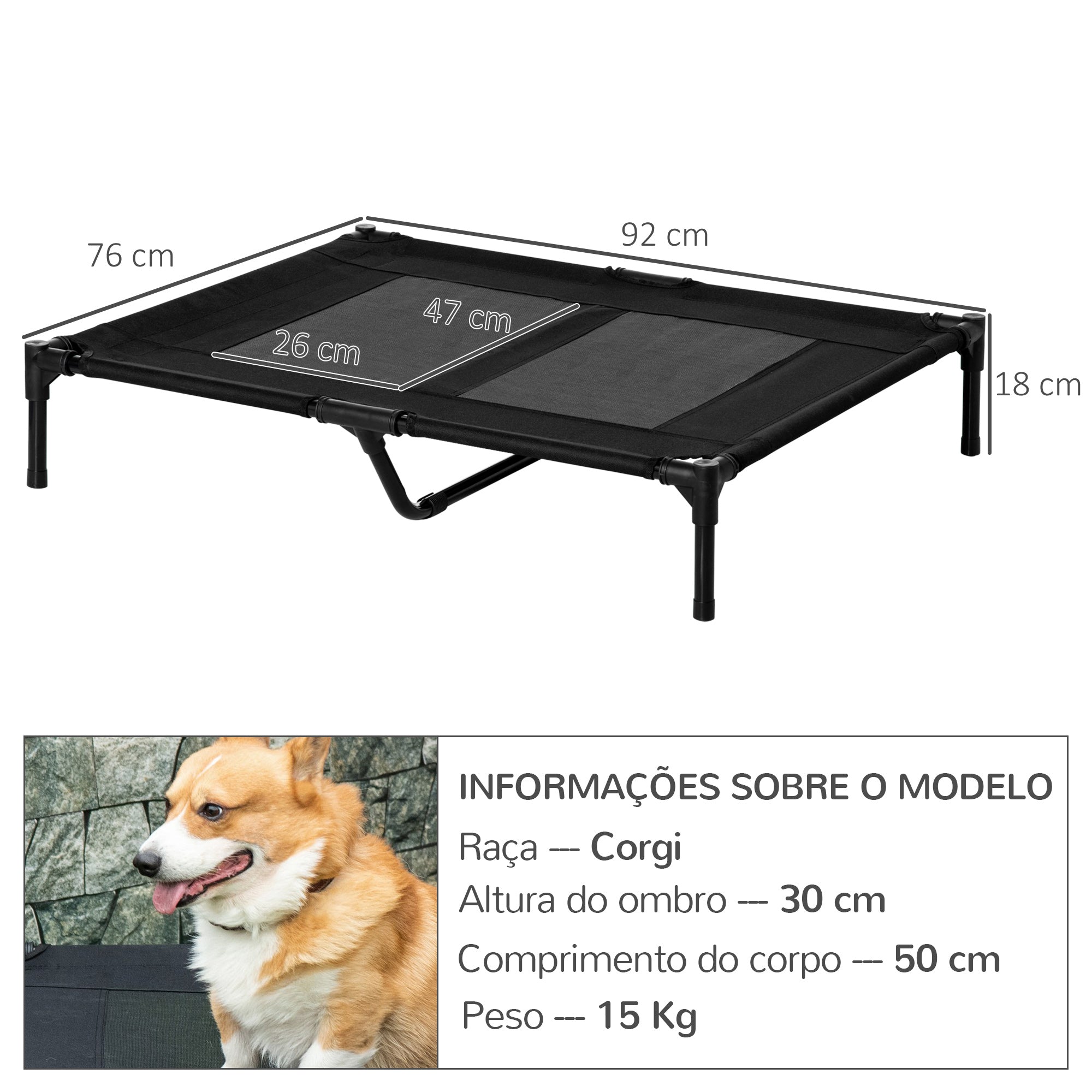 Cama Elevada para Animais de Estimação - 92x76x18 cm - Cor Preto