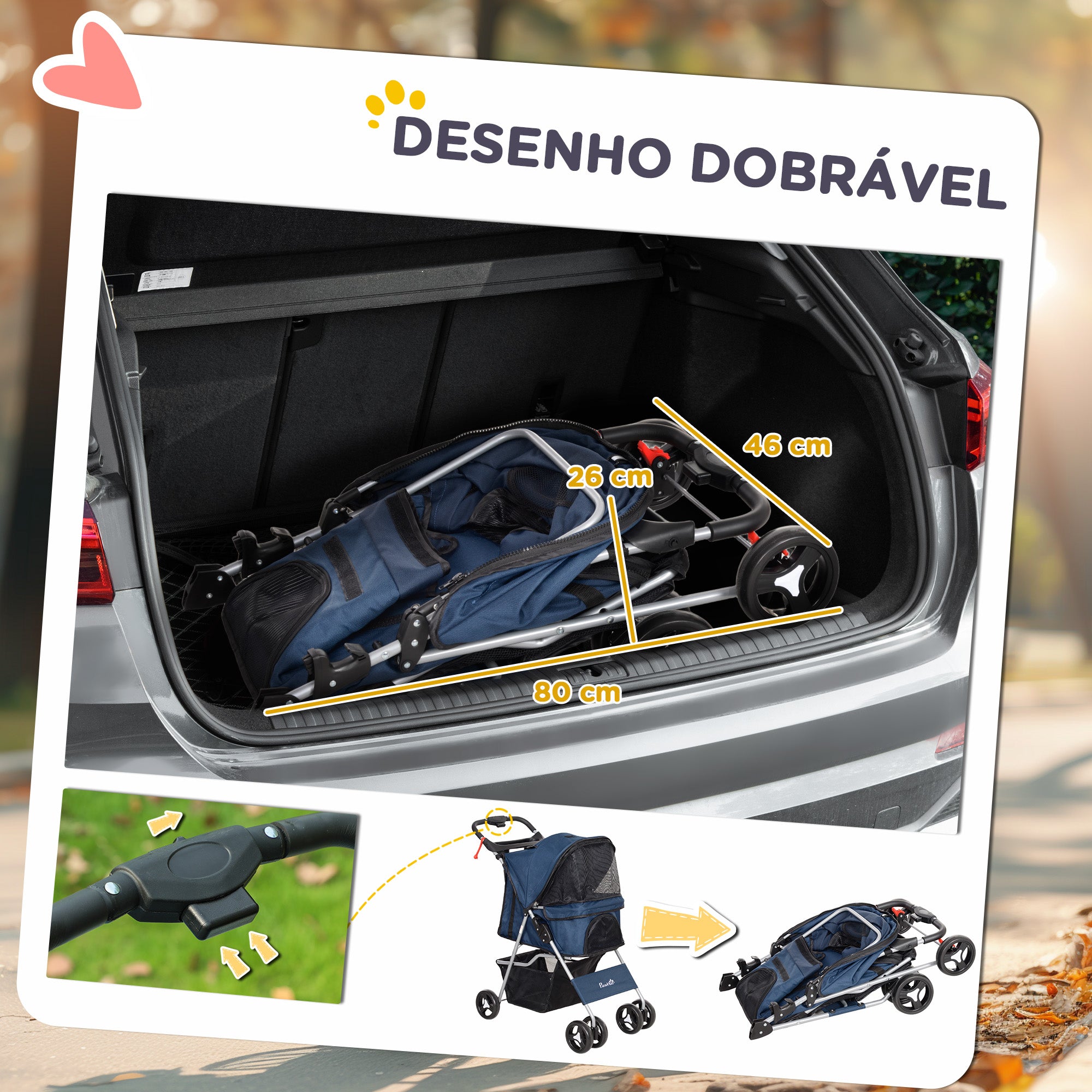 Carrinho para Animais de Estimação Dobrável – 74x46x94 cm – Azul – Aço e Tecido Oxford