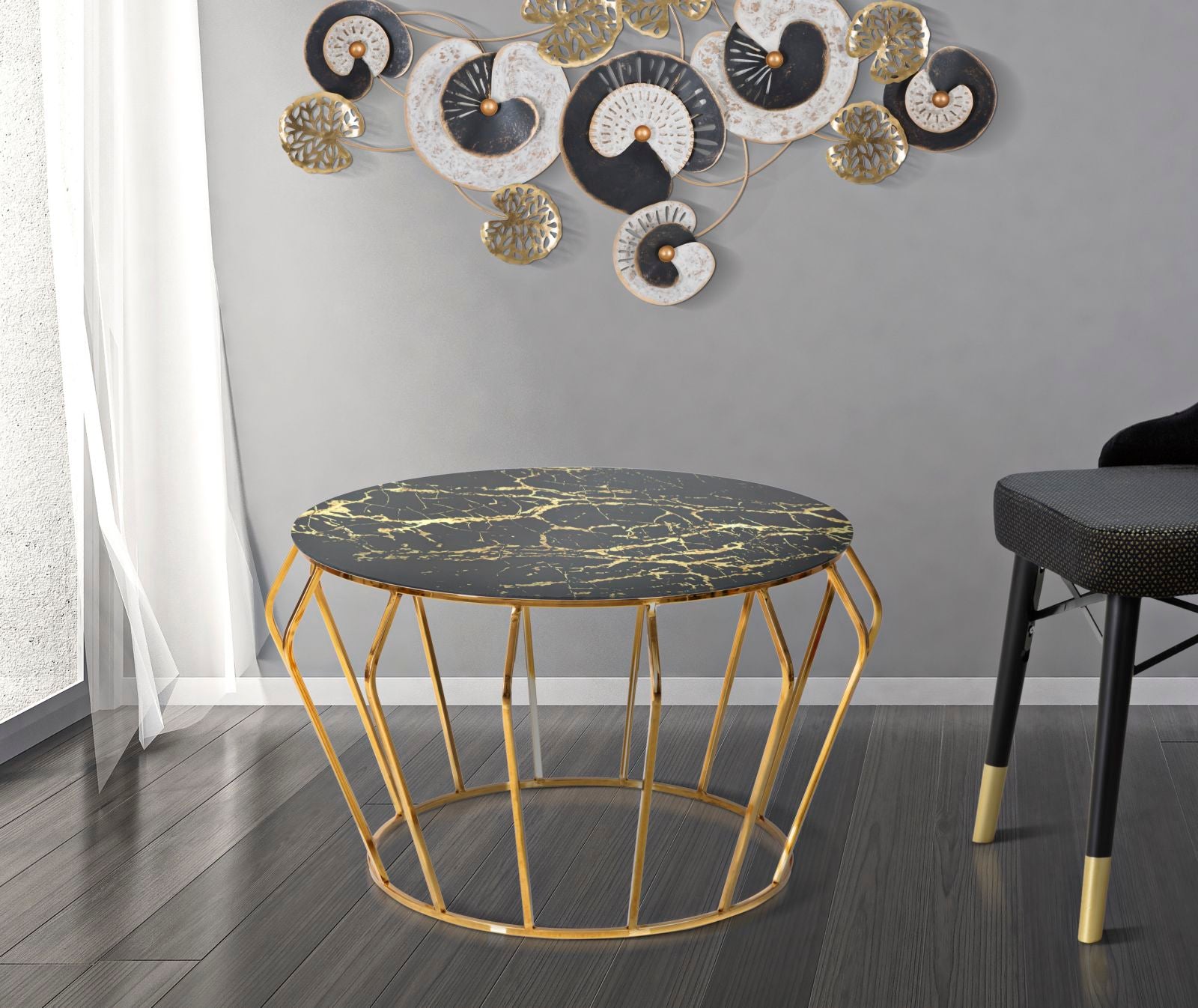Mesa de centro redonda GLAM – dourada e preta