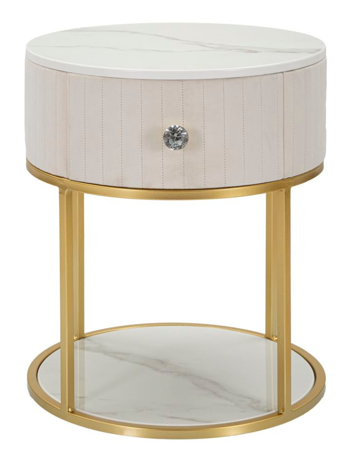 Mesa de Cabeceira Redonda GLAM – Creme, Dourado, Branco