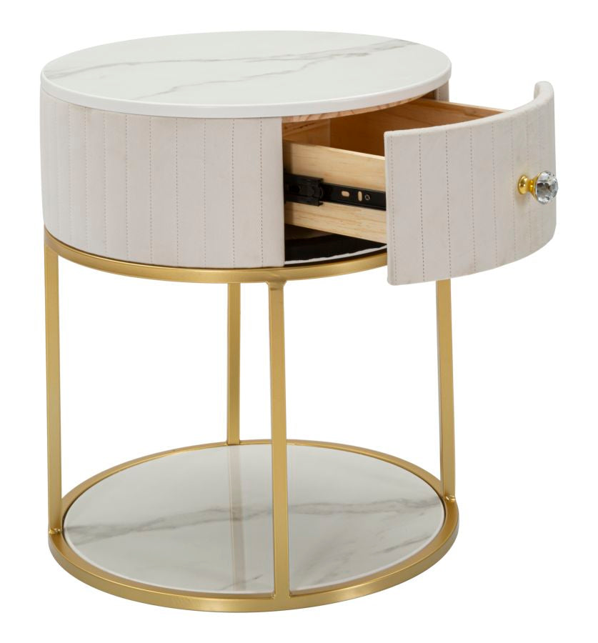 Mesa de Cabeceira Redonda GLAM – Creme, Dourado, Branco