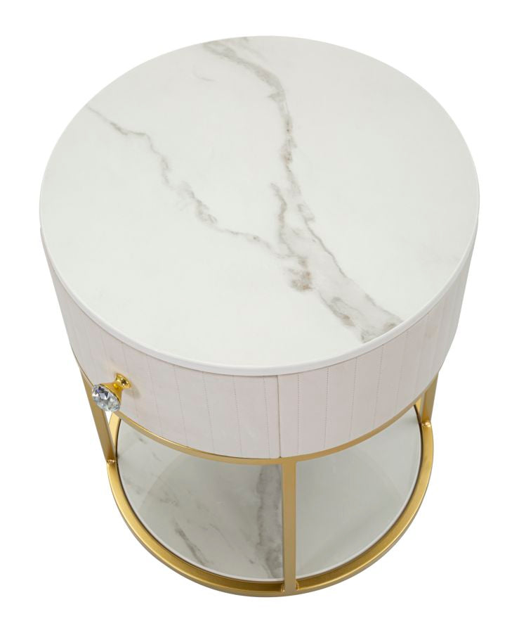 Mesa de Cabeceira Redonda GLAM – Creme, Dourado, Branco
