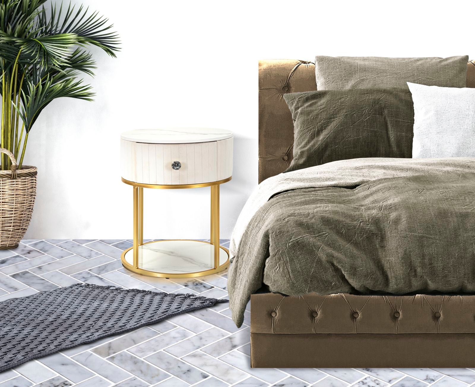 Mesa de Cabeceira Redonda GLAM – Creme, Dourado, Branco