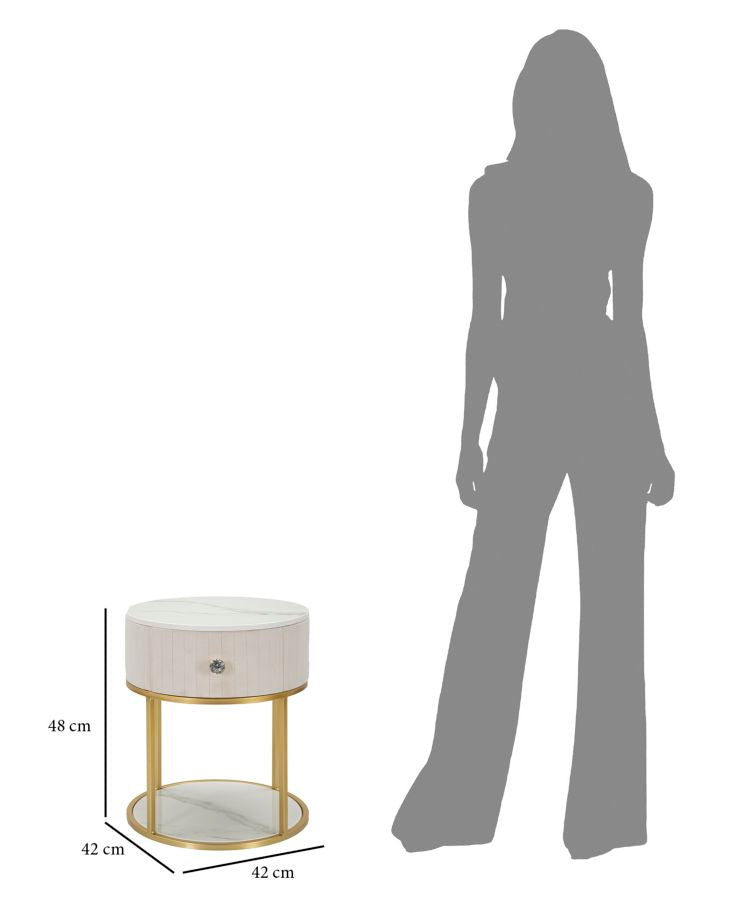 Mesa de Cabeceira Redonda GLAM – Creme, Dourado, Branco