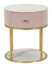 Mesa de Cabeceira Redonda GLAM – Rosa, Dourado, Branco