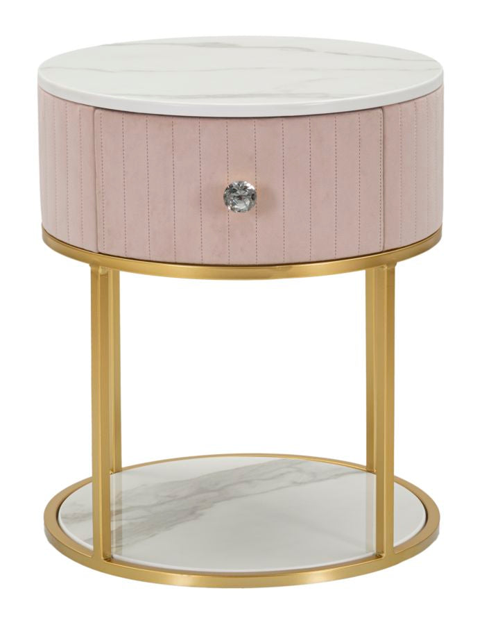 Mesa de Cabeceira Redonda GLAM – Rosa, Dourado, Branco