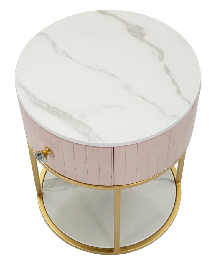 Mesa de Cabeceira Redonda GLAM – Rosa, Dourado, Branco
