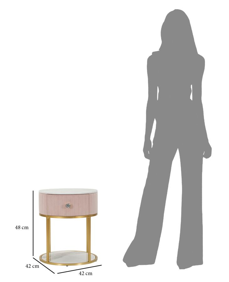 Mesa de Cabeceira Redonda GLAM – Rosa, Dourado, Branco