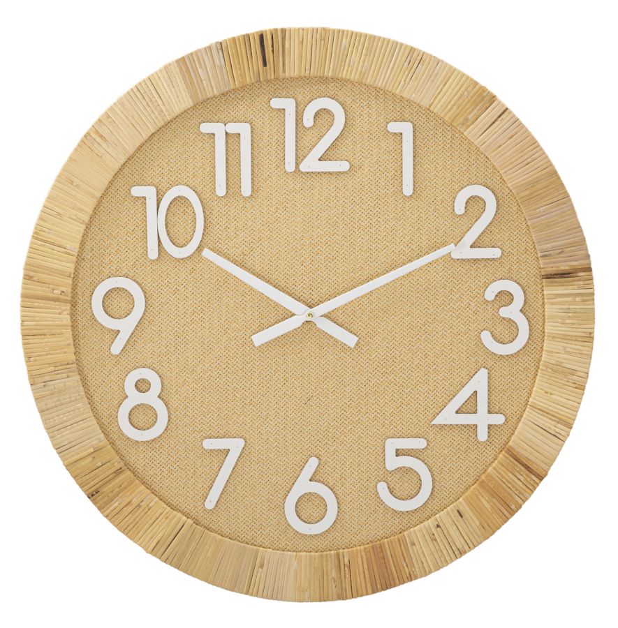 Relógio de Parede Redondo – Natural/Branco – MDF e Rattan
