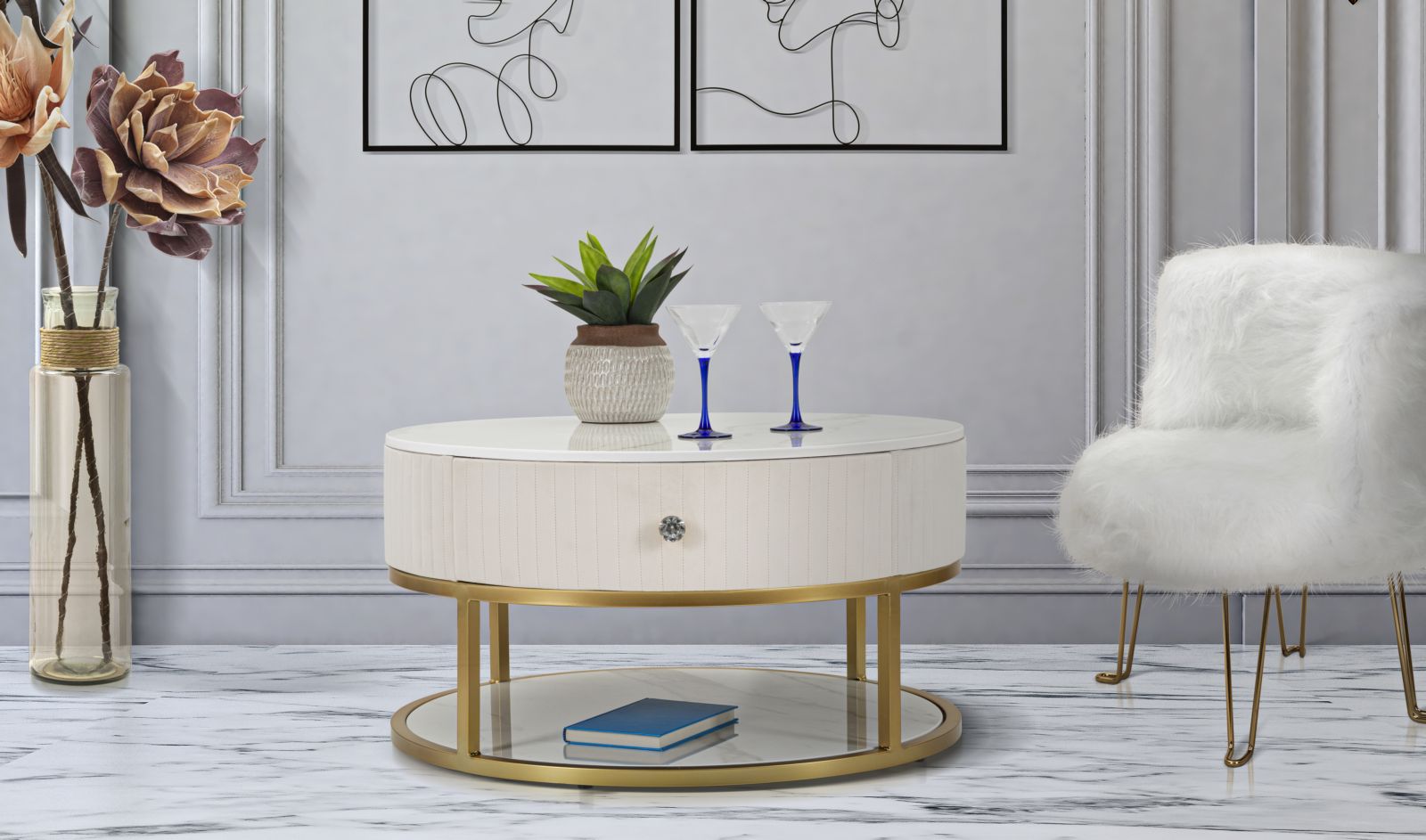 Mesa de Centro Redonda GLAM – Creme, Dourado, Branco