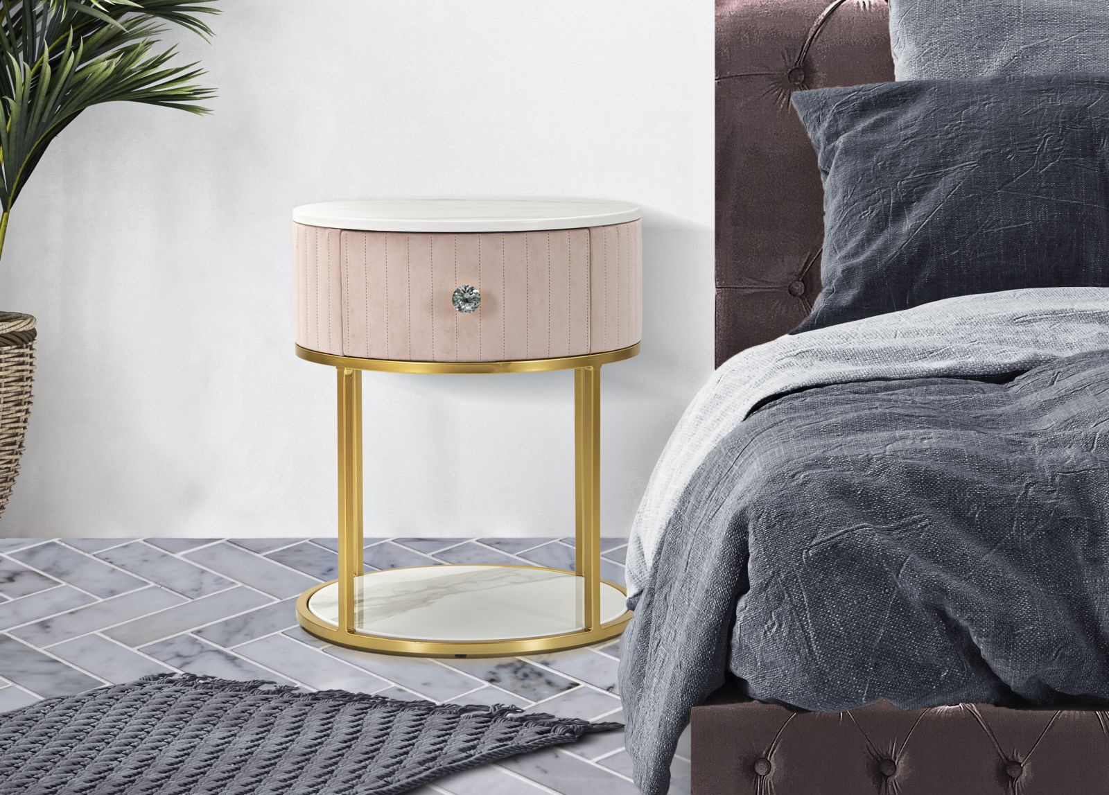 Mesa de Cabeceira Redonda GLAM – Rosa, Dourado, Branco