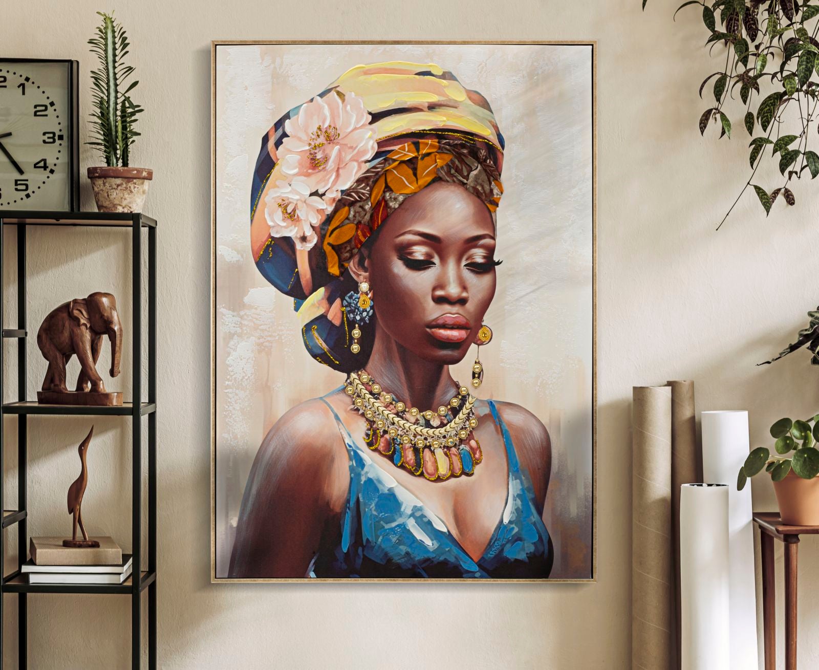 Pintura em Tela – Multicolor – Moldura Metálica Dourada