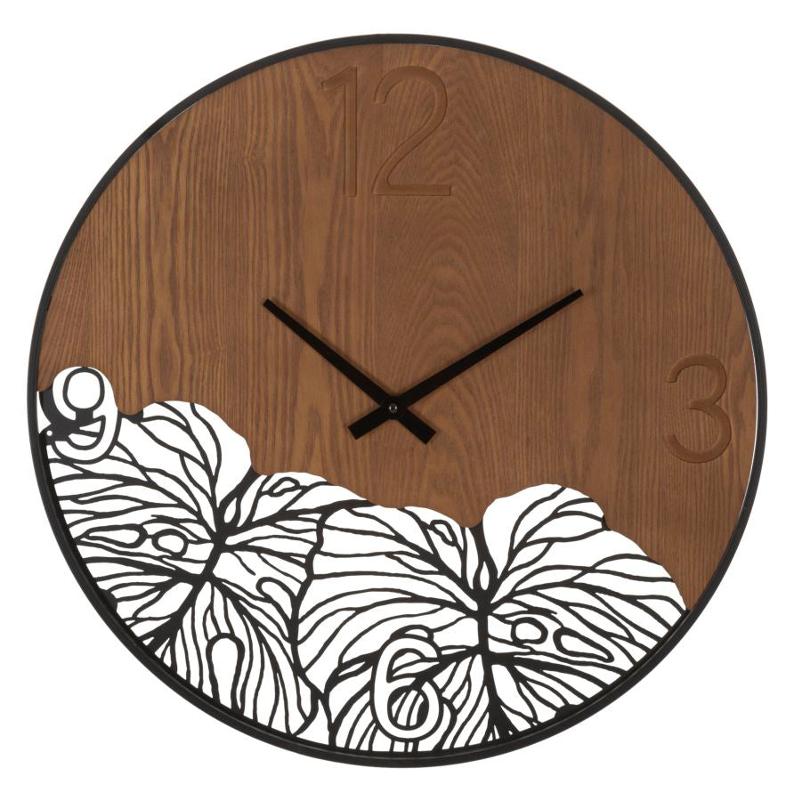 Relógio de Parede Redondo – Preto e Castanho – Metal e MDF
