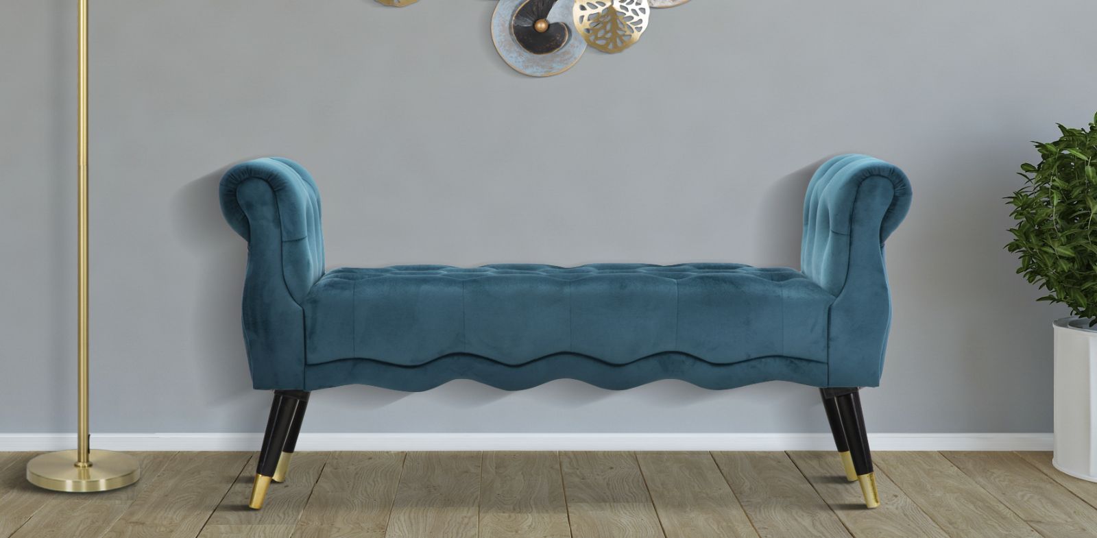 Banco Acolchoado GLAM – Azul-petróleo, Dourado e Preto