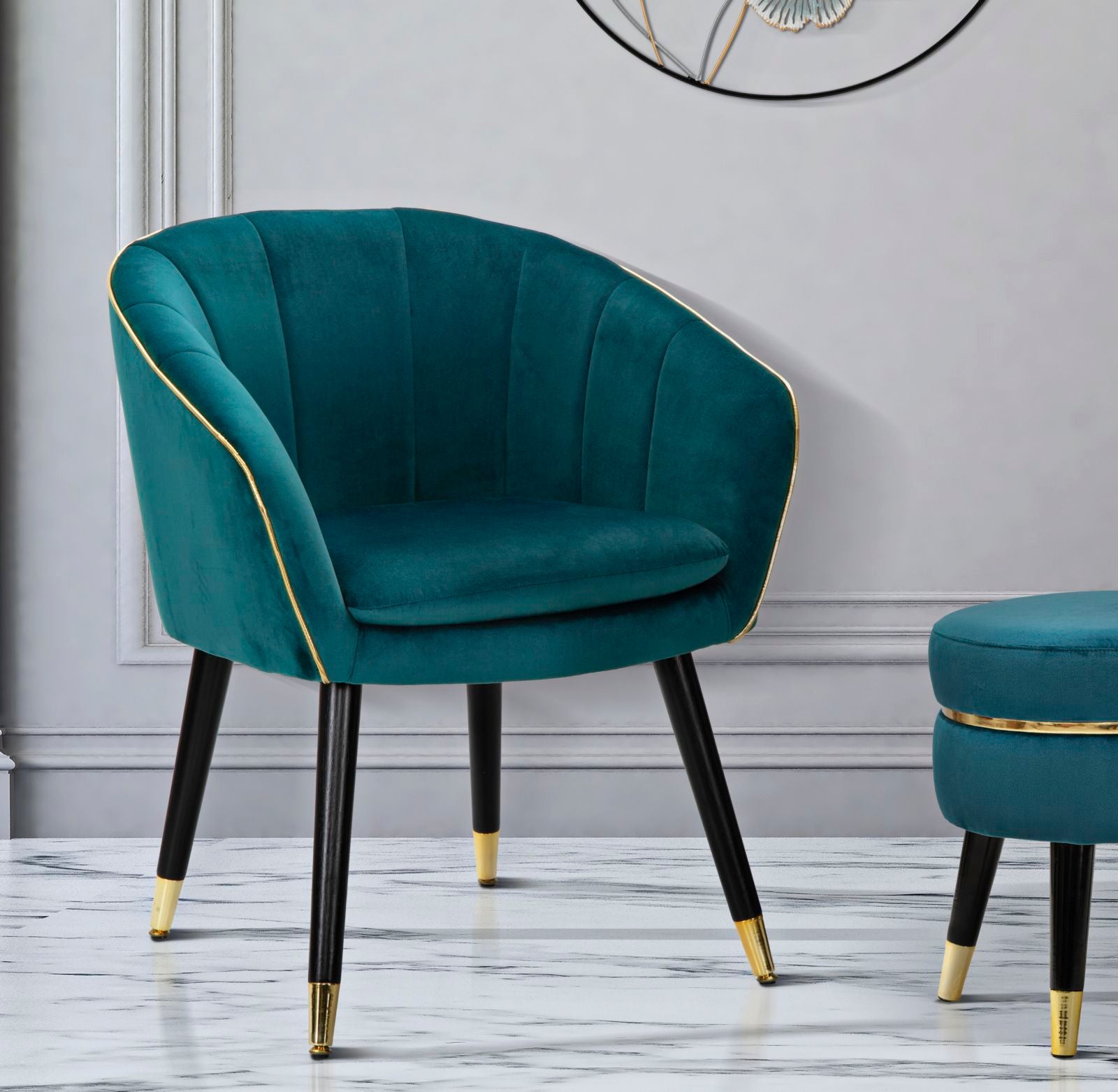 Poltrona GLAM – Azul Petróleo, Dourado e Preto