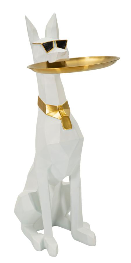 Estátua de Cão Pitbull GLAM – Branco e Dourado – Poliresina e Metal