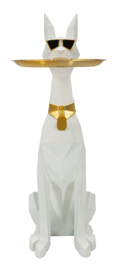 Estátua de Cão Pitbull GLAM – Branco e Dourado – Poliresina e Metal