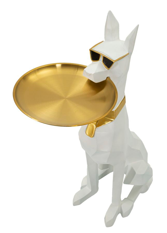 Estátua de Cão Pitbull GLAM – Branco e Dourado – Poliresina e Metal