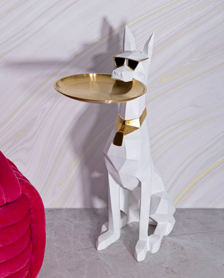 Estátua de Cão Pitbull GLAM – Branco e Dourado – Poliresina e Metal