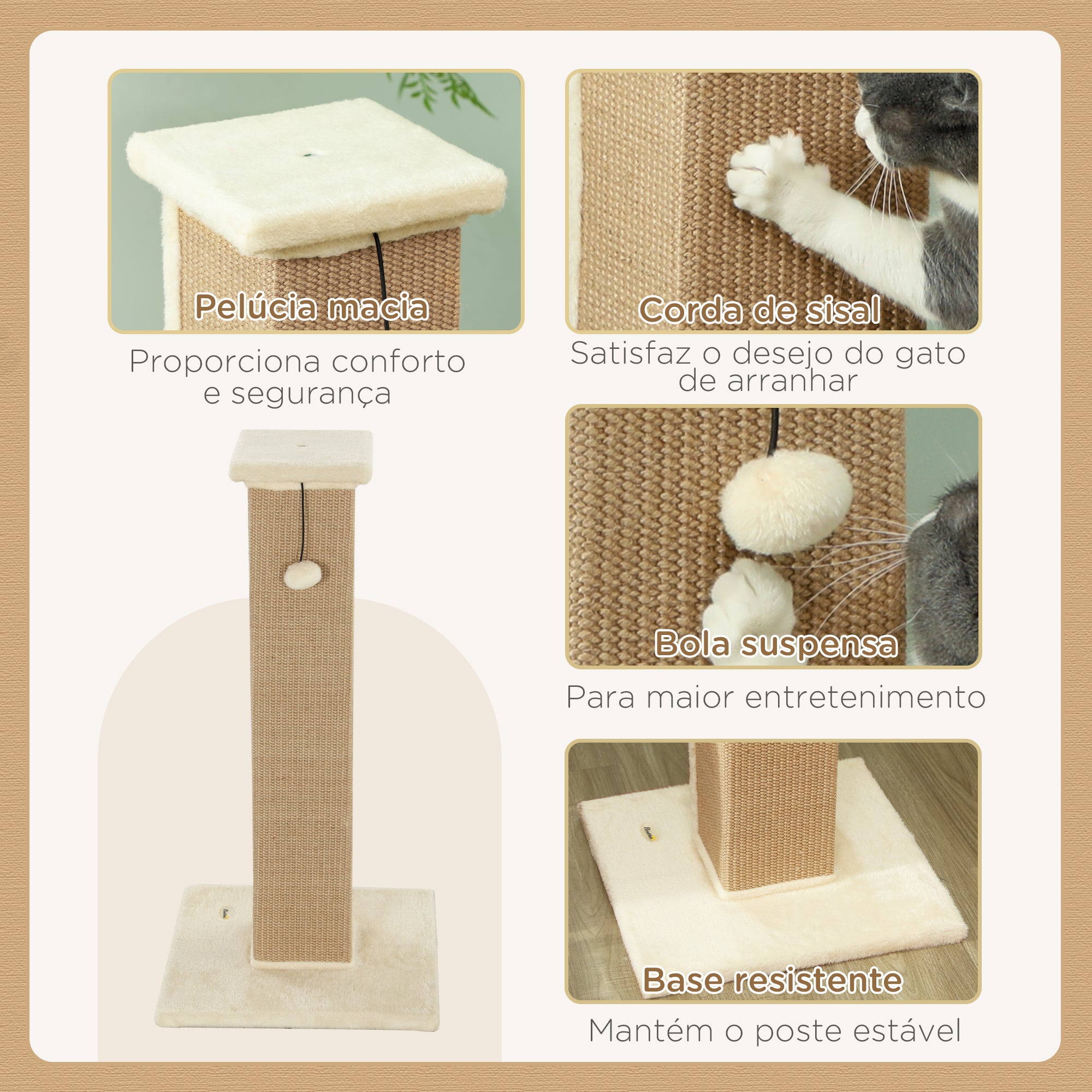 Poste Arranhador para Gatos Bege 41x41x81 cm - Diversão e Conforto para o seu Felino