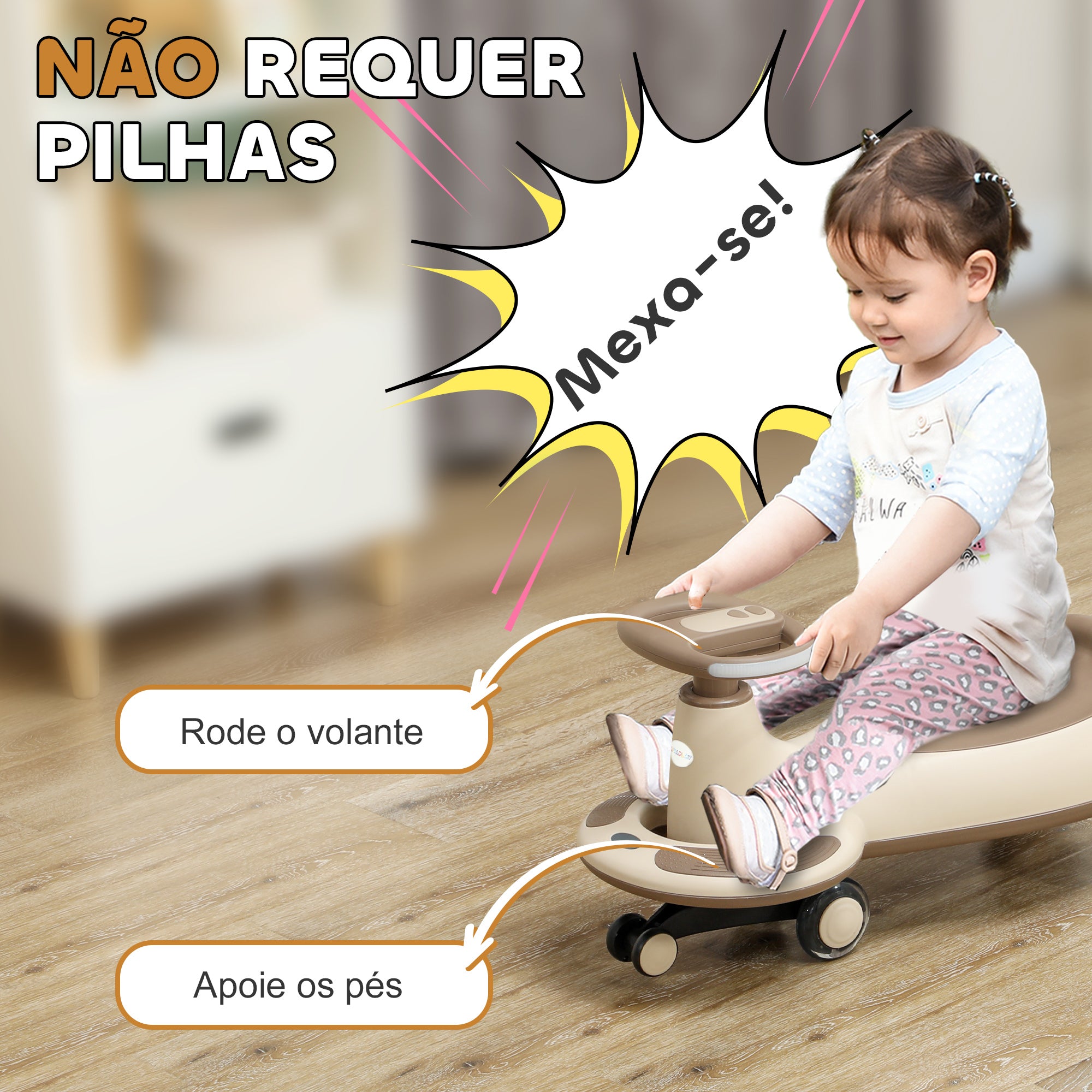 Carrinho Gira Gira para Crianças 69x31x36 cm - Cor Cáqui, Marrom e Preto