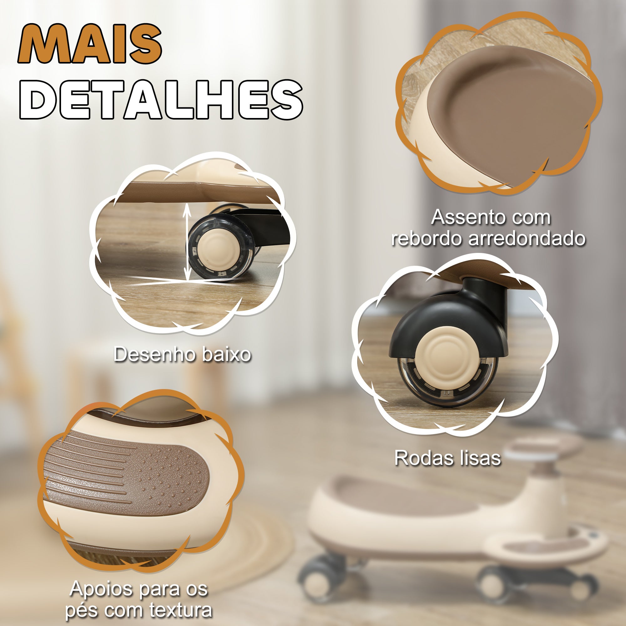Carrinho Gira Gira para Crianças 69x31x36 cm - Cor Cáqui, Marrom e Preto