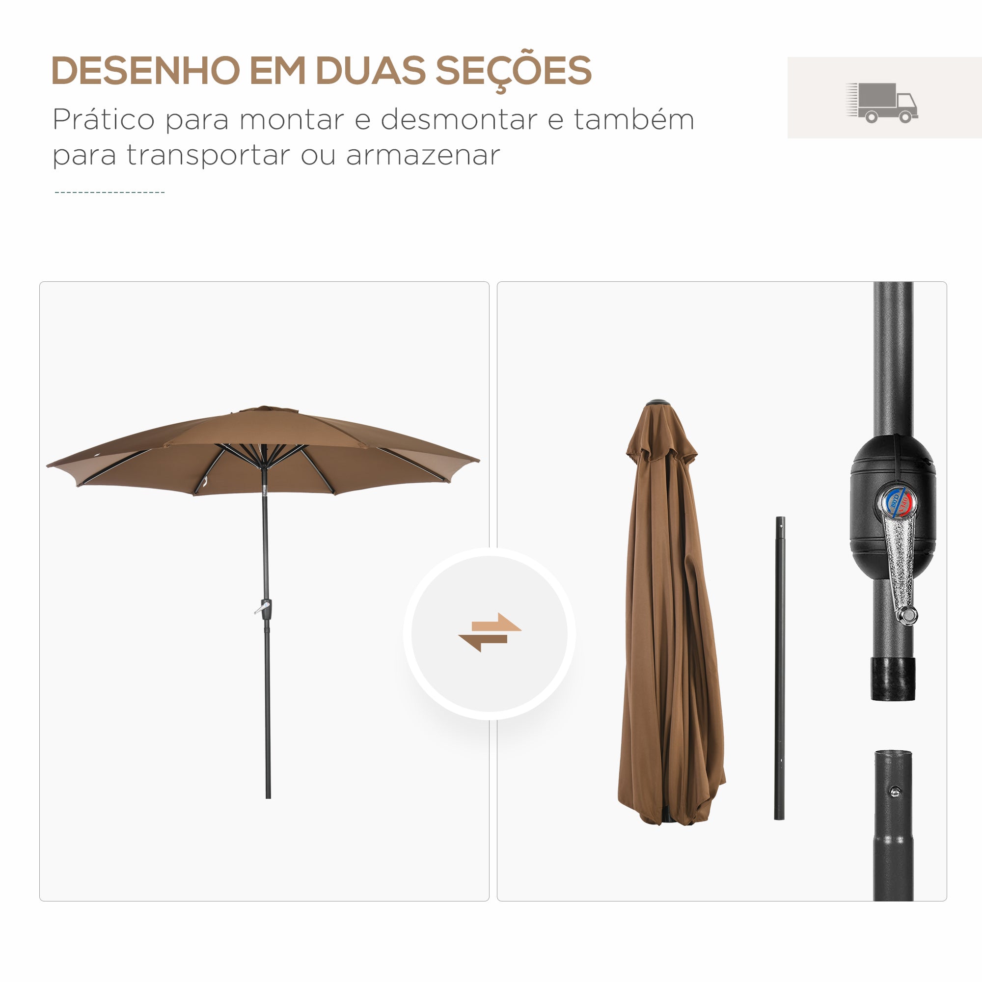 Chapéu de Sol Ø300x240 cm Marrom - Manivela, Ângulo Ajustável e Estrutura Resistente