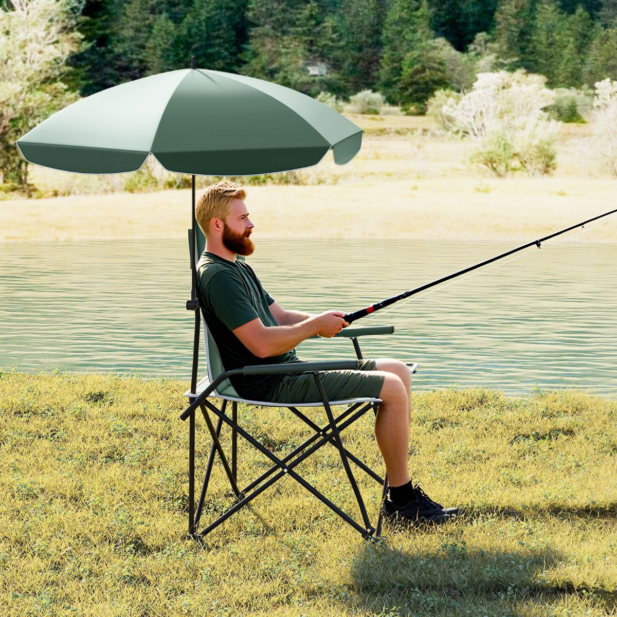 Cadeira de Campismo com Guarda-Sol e Assento e Encosto Acolchoados Bolsa de Transporte Portátil para Piquenique Pesca Campismo 62 x 65 x 96 cm Verde